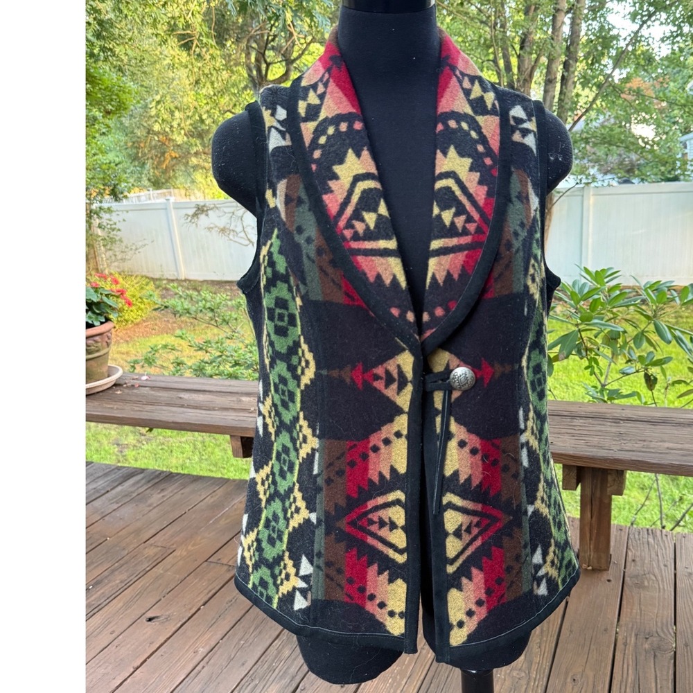 Pendleton Wool Southwestern Vest Small Black Red Geometric Leather Trim USA